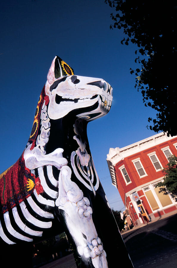 lindsborg-kansas-dalahippus-public-art A large painted Dala horse sculpture with skeletal-style artwork standing near a brick building in Lindsborg.