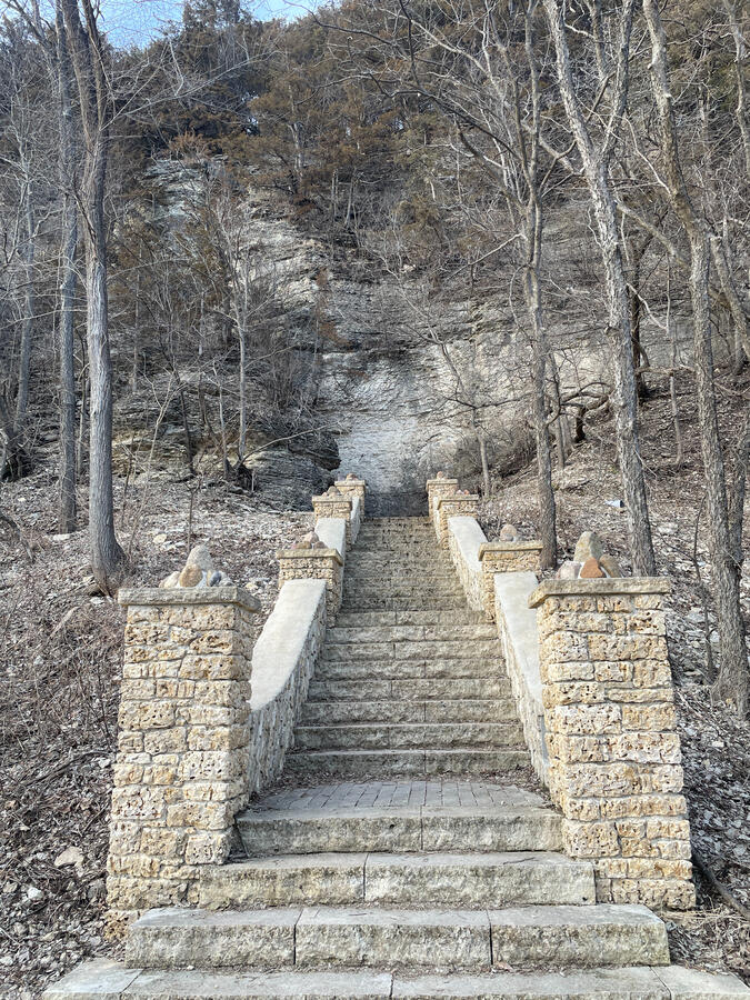 Stone staircase leading to the entrance of the Ice Cave in Decorah.