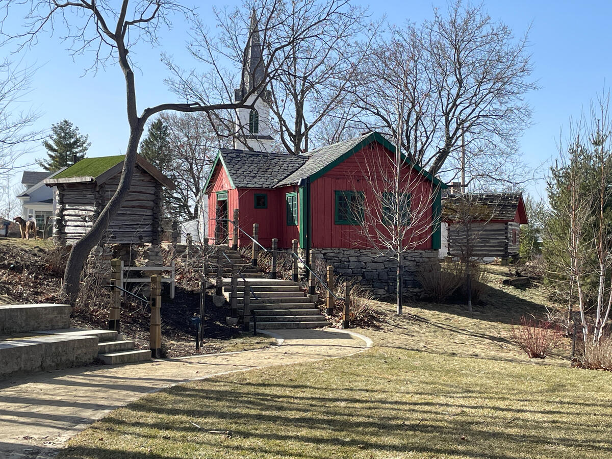 Historic log cabins and a red wooden building in the Vesterheim outdoor village in Decorah.