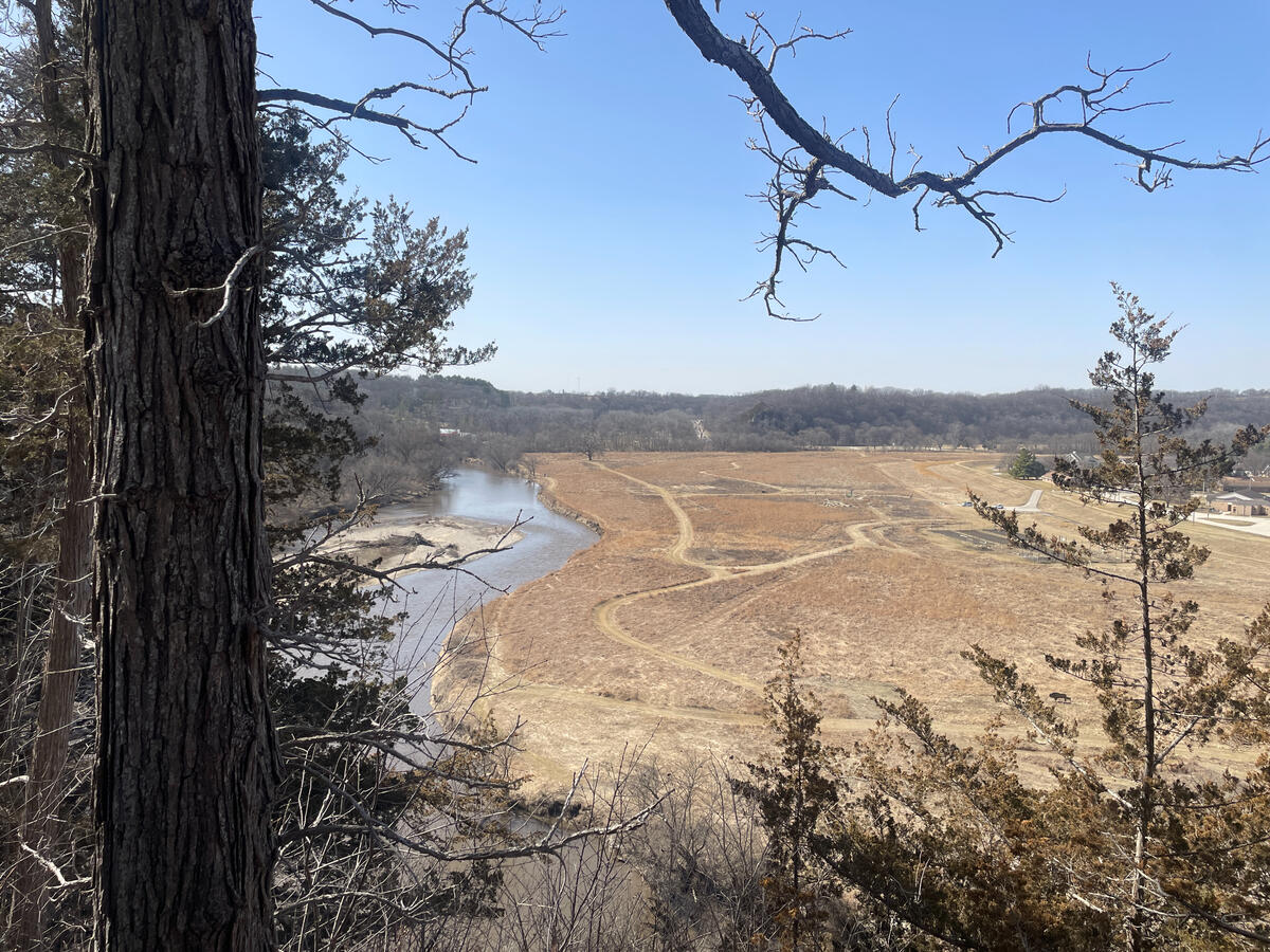 River valley view from the wooded overlook at Phelps Park in Decorah.