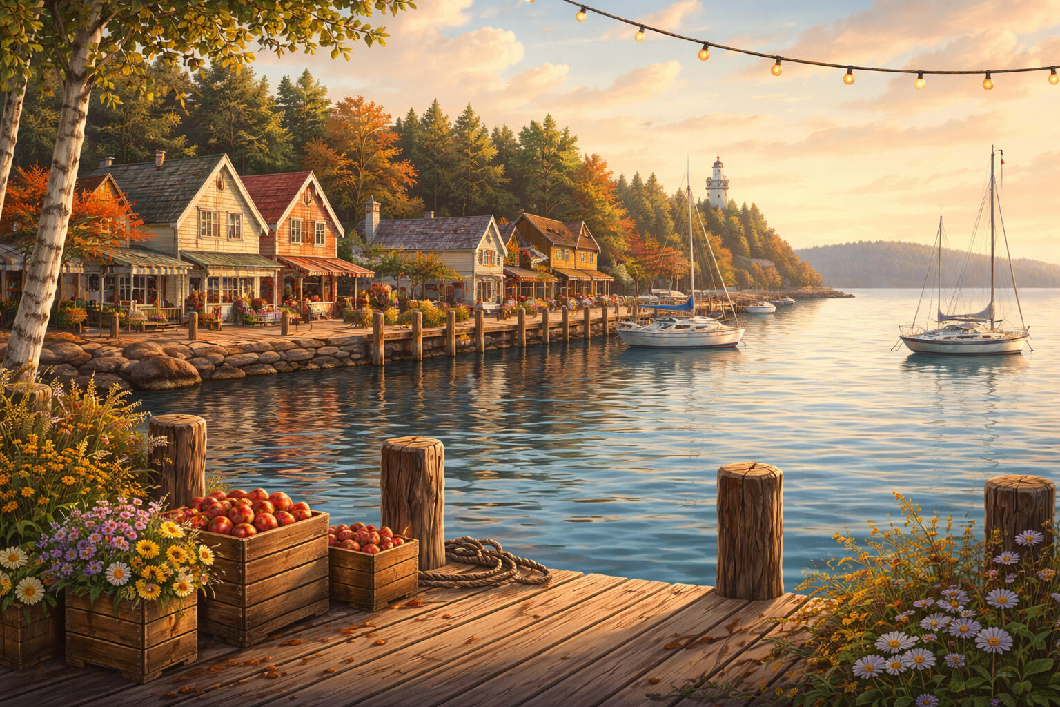Warm sunset over a lakeside scene in Bayfield, Wisconsin, with colorful waterfront cottages, a wooden dock lined with apples and flowers, sailboats reflecting on calm water, and a lighthouse on a forested hill in the distance.
