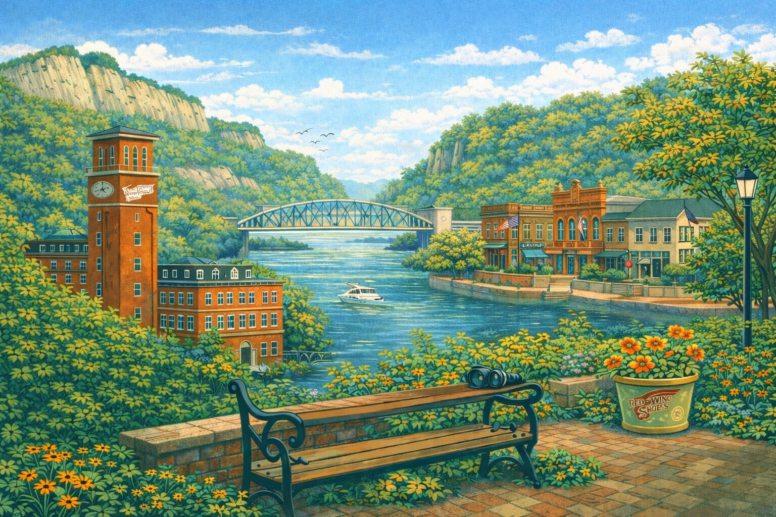 Illustrated scenic view of Red Wing, Minnesota, along the Mississippi River: foreground bench overlooking the water, historic red-brick Red Wing shoe factory, steel bridge, limestone bluffs, green trees, blue sky, and a boat on the river