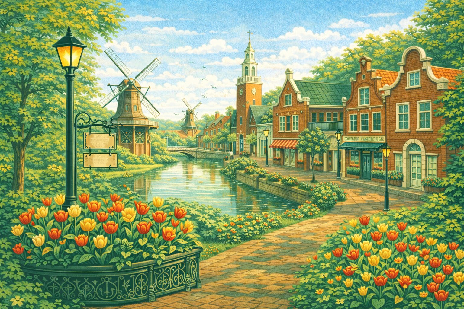 Illustration of Pella, Iowa Dutch canal with windmills, bridge, tulips, and gabled storefronts