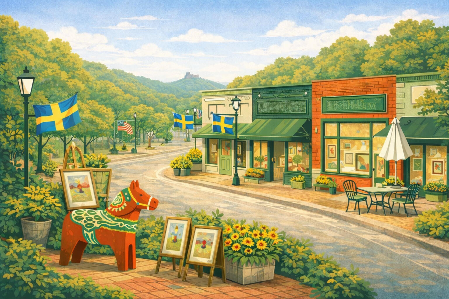 lindsborg-kansas-swedish-dala-horse-downtown-illustration Illustrated sunny Main Street in Lindsborg, Kansas, featuring a large traditional red Swedish Dala horse sculpture, Swedish and American flags, outdoor art displays, flower planters, quaint colorful shops, and green trees under a blue sky