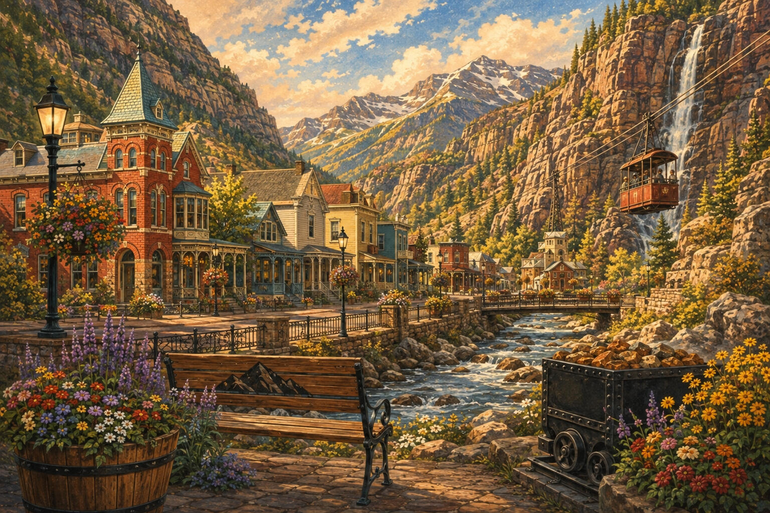 ouray-colorado-historic-mountain-town-artwork An artistic illustration of Ouray, Colorado, featuring historic Victorian-style buildings along a river in a rugged mountain canyon. A wooden bench sits on a stone pathway in the foreground, next to an old-fashioned mining cart filled with gold ore. A rock