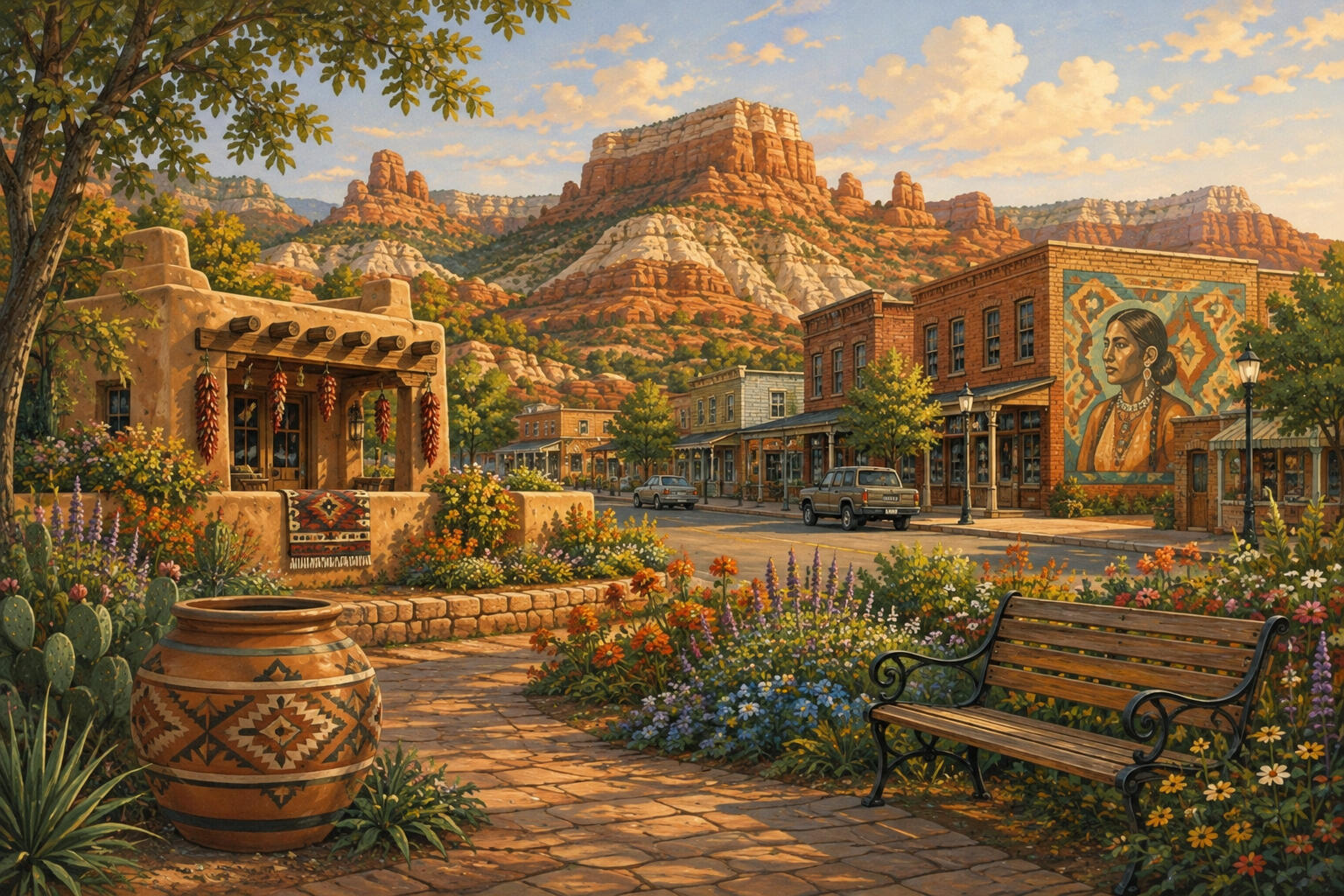 Painting of a scenic desert town street in Kanab, Utah, with blooming flowers, adobe architecture, and towering red rock mountains.